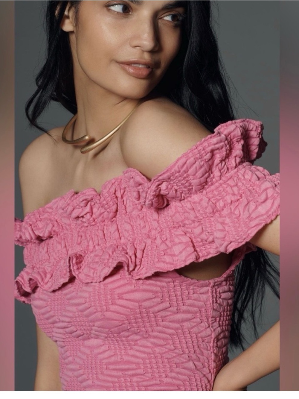 Maeve Textured One-Shoulder Ruffle Knit  in Pink - Picture 3 of 5